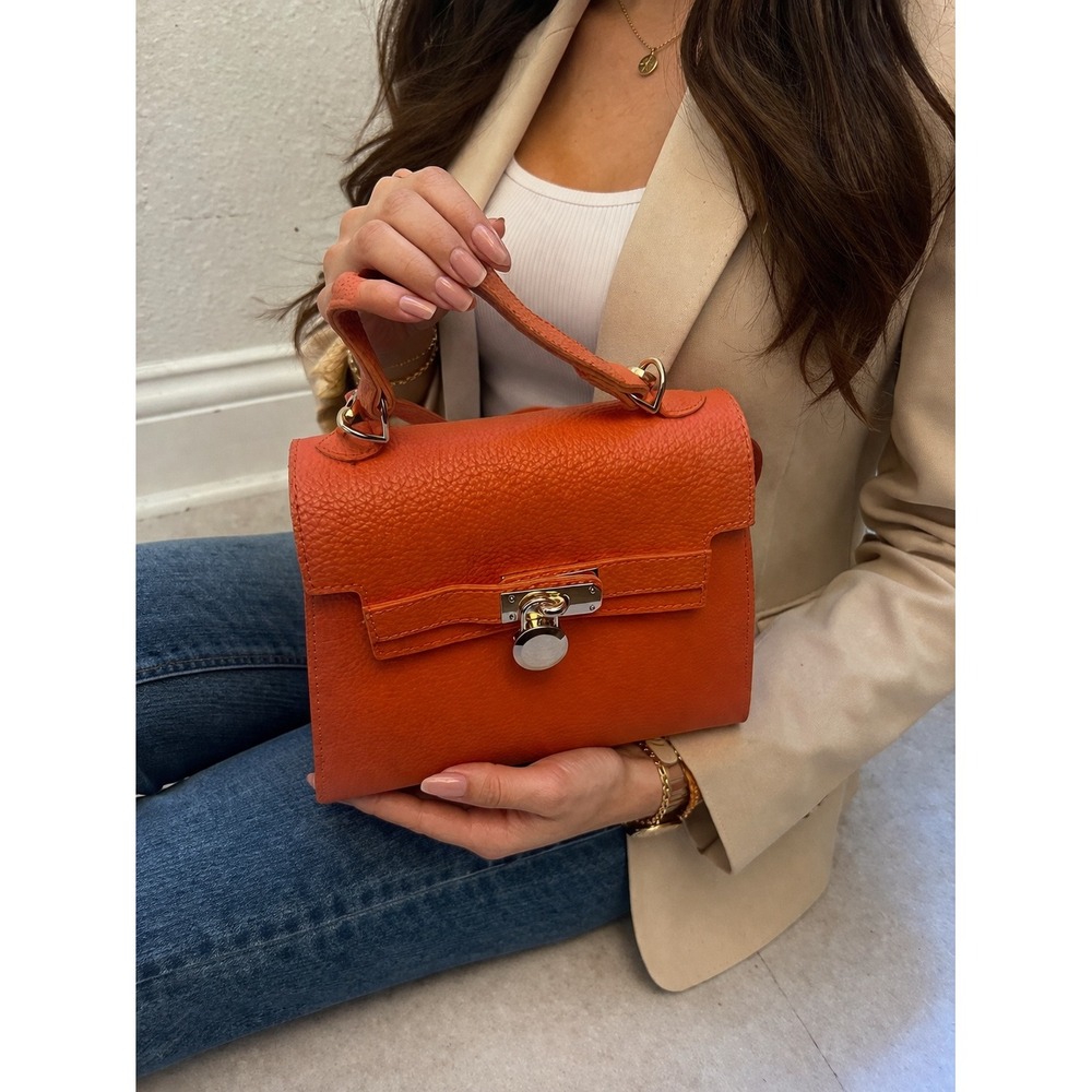Orange Pebbled Leather Top Handle Crossbody Bag Gold Hardware Turn Lock Small